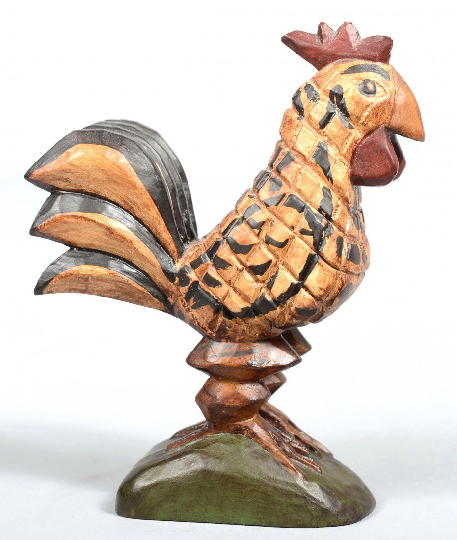 John R. Dierwechter, Carved Wood and Folk Painted : John R. Dierwechter, Carved Wood and Folk Painted Polychrome Rooster. In the style of Schimmel. Marked on the bottom: D with date, 2001. 5 1/2"h. Condition: Good.