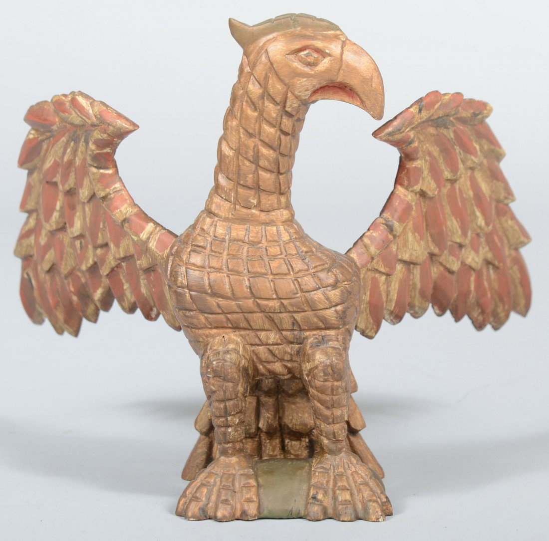 John R. Dierwechter, Carved Wood and Folk Painted : John R. Dierwechter, Carved Wood and Folk Painted 'Shimmel' style Spread Eagle. Gold and red with black spots. Marked on bottom: J.R.D. 7"h. X 8"w. Condition: Good.