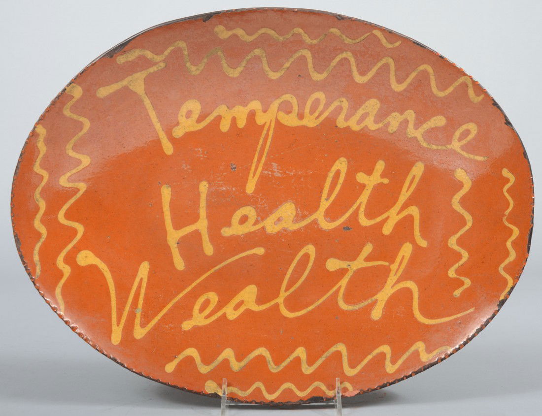 Contemporary Oval Redware Platter stating: "Temper: Contemporary Oval Redware Platter stating: "Temperance, Health, Wealth" in yellow slip. Coggle edge. Inscribed on back: "Greg Shooner, 1996, with three stampings and written fre-hand in gold pen: "Dru