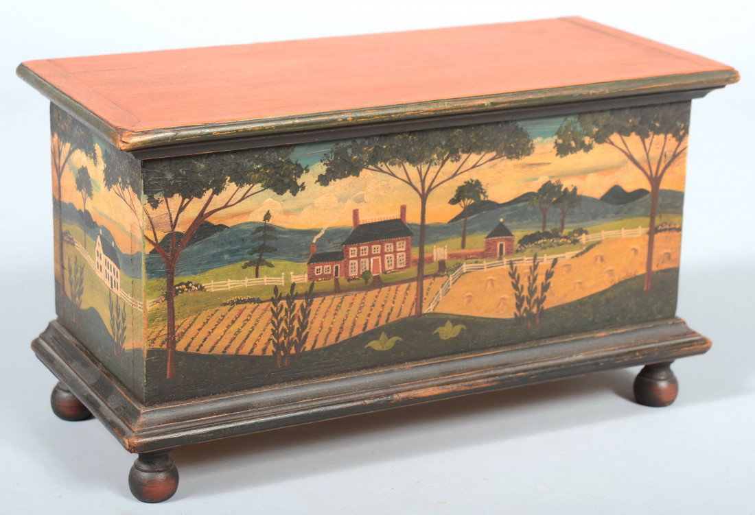 Contemporary Miniature Blanket Chest with Farm Sce: Contemporary Miniature Blanket Chest with Farm Scene Painted Front and Sides and Ball Feet. Box stained tan with black accents. Painted farmstead scene signed in lower right: "R. Enders." 6 1/4" h. X 