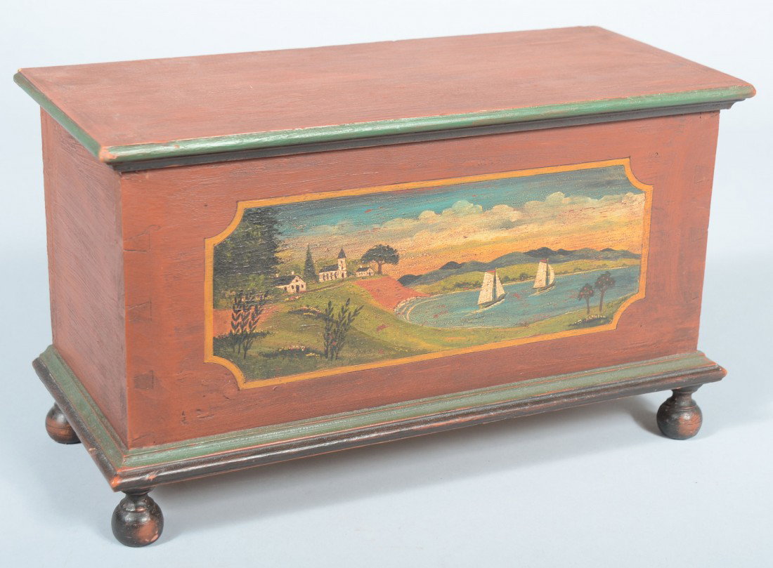 Contemporary Miniature Blanket Chest with Coastal: Contemporary Miniature Blanket Chest with Coastal Scene Painted on Front and Ball Feet. Box painted red with black and green accents. Painted scene signed in lower right: "R. Enders." 8 3/8" h. X 14"w