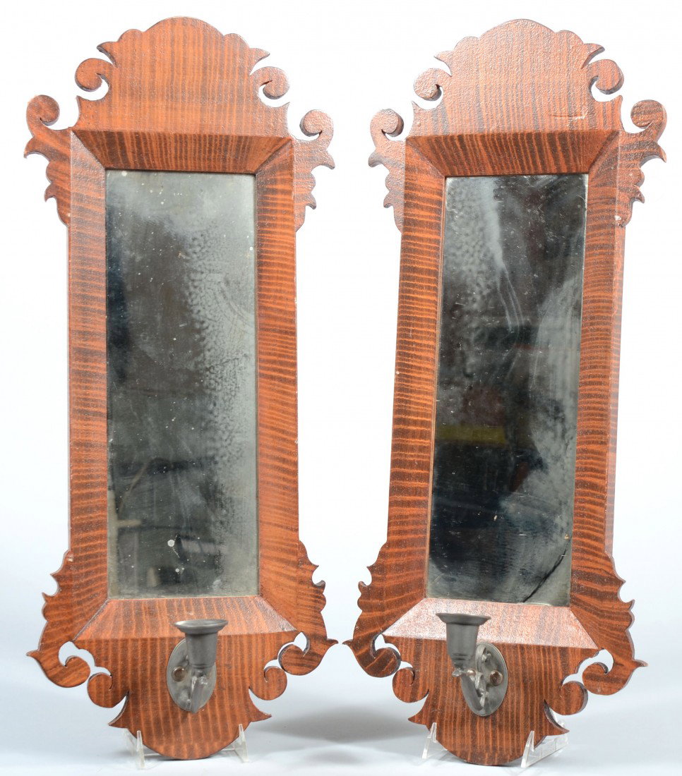 Pair of Faux Curly Maple Grained Chippendale Style: Pair of Faux Curly Maple Grained Chippendale Style Framed Mirrors with Pewter Candle Sockets. Unmarked. 23 3/4"h. Condiion: Good.