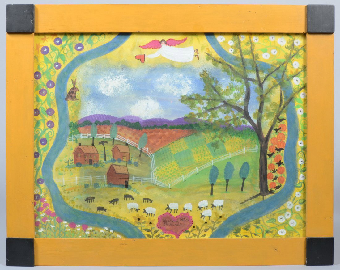 B. Strawser signed, Folk Framed Acrylic on Paper F: B. Strawser signed, Folk Framed Acrylic on Paper Farm and Landscape with Sheep. Signed in center: "Barbara Strawser, year 2000." 14 1/2"h. X 19"w. sight and 18 1/2"h. X 23"w. overall. Condition: Good.