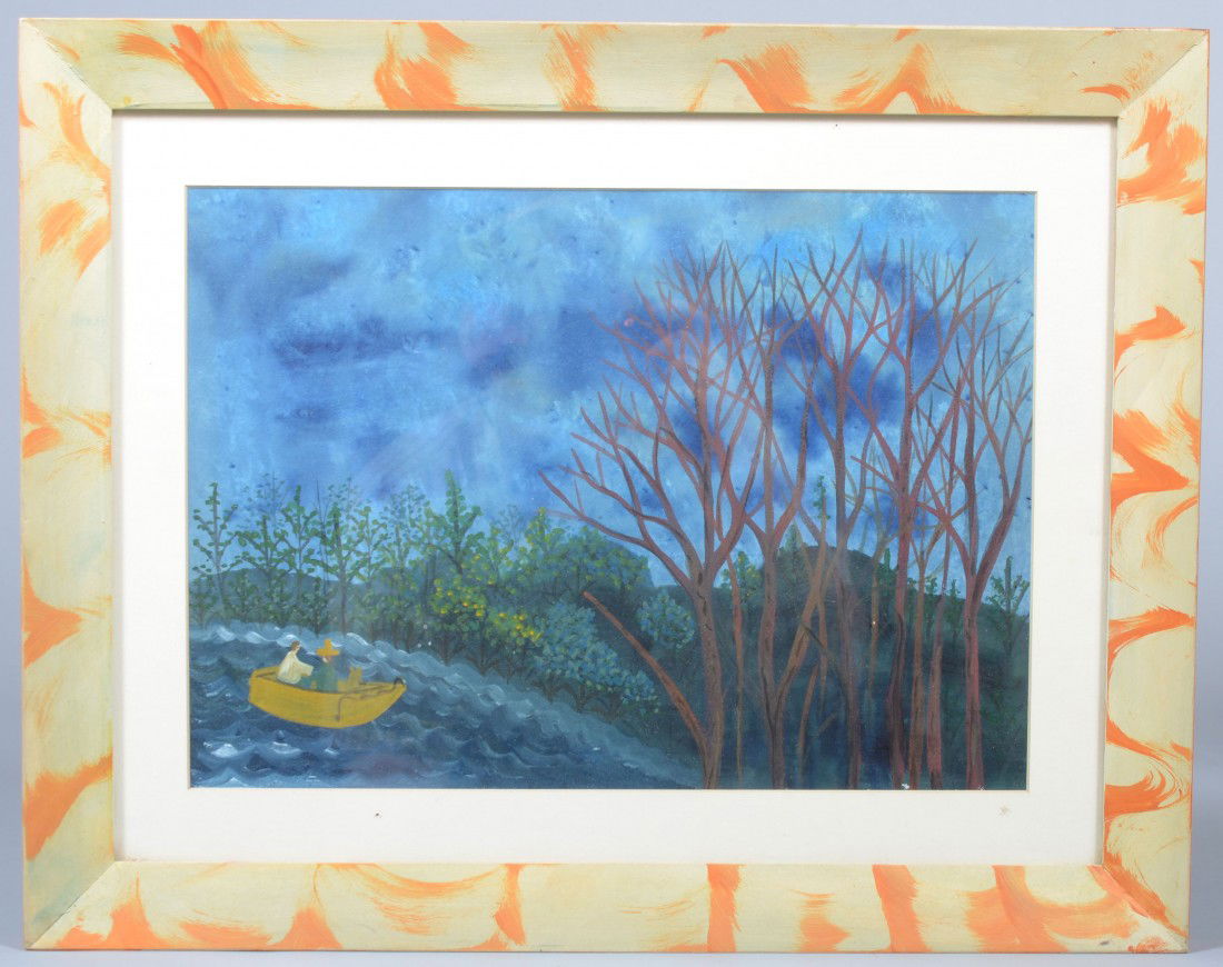 Folk Framed Acrylic on Paper of Boat with People o: Folk Framed Acrylic on Paper of Boat with People on a River surrounded by trees and a stormy sky. Unsigned, but attributed to Barbara Strawser. 9 3/4"h. X 13 3/4"w. sight and 15 1/4"h. X 19 1/4"w. ove