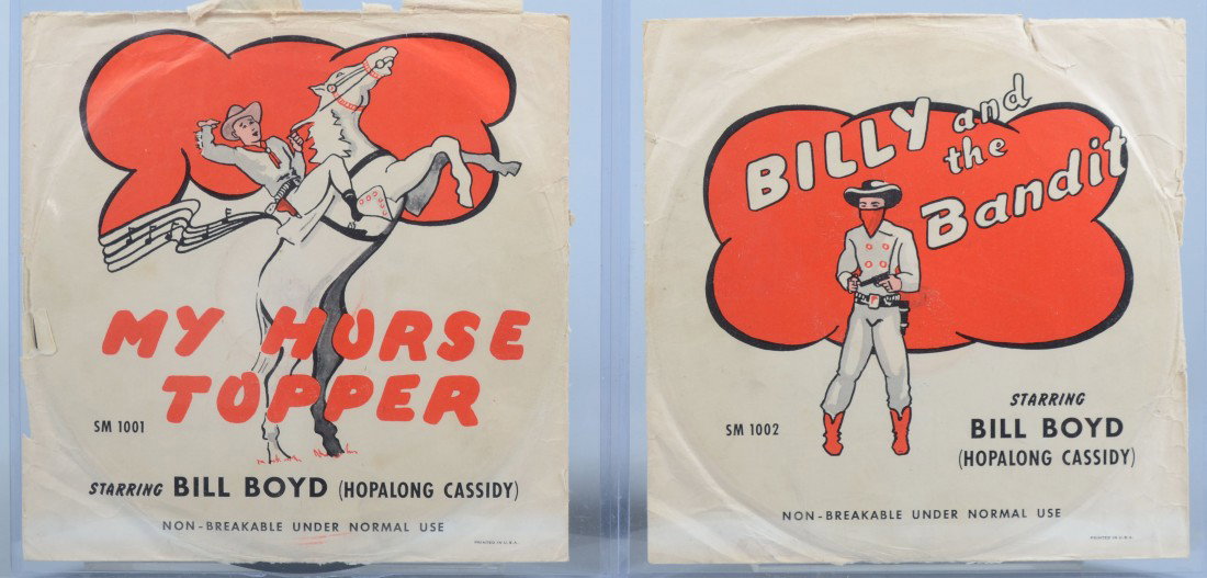 Two Illustrated Paper Sleeved Hopalong Cassidy Rec: Two Illustrated Paper Sleeved Hopalong Cassidy Records. "My Horse Topper", SM 1001; "Billy and the Bandit", SM 1002, starring Bill Boyd, 78 RPM. Condition: Both Good.