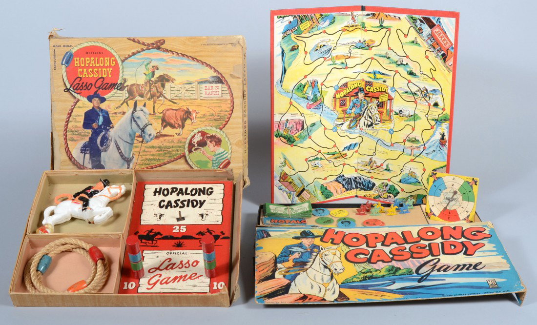 Two Illustrated Boxed Hopalong Cassidy Board Games: Two Illustrated Boxed Hopalong Cassidy Board Games. Hopalong Cassidy Lasso Game, by Transogram, c.1950. and The Hopalong Cassidy Game, by Milton Bradley, c.1950. Condition: Both appear complete, boxes