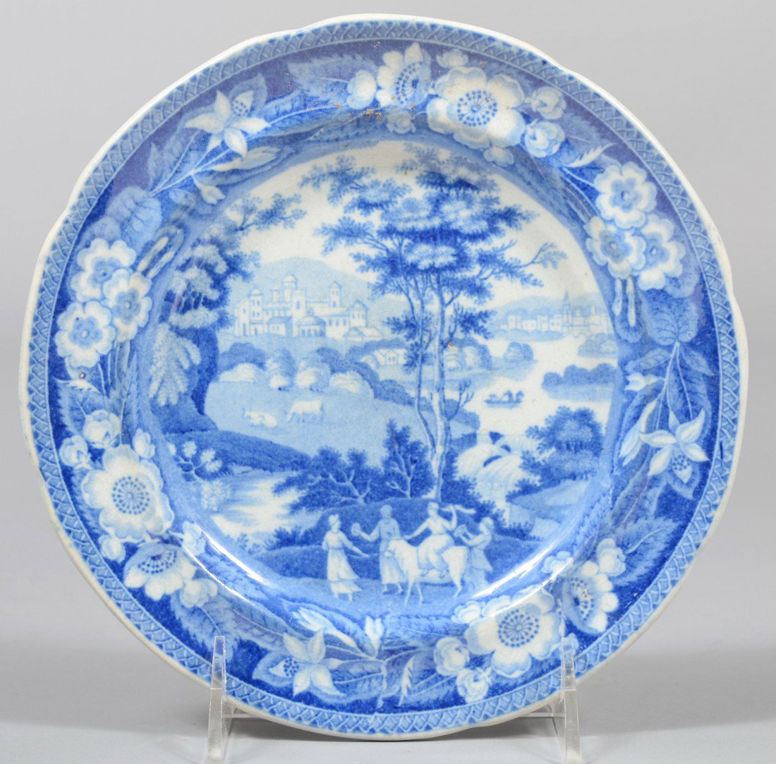 Blue Staffordshire Plate, wild rose border with sc: Blue Staffordshire Plate, wild rose border with scalloped rim, pastoral scene. Europa Pattern. Marked: "Riley's Semi-China"(John & Richard Riley) 7 5/8"dia. Condition: Good