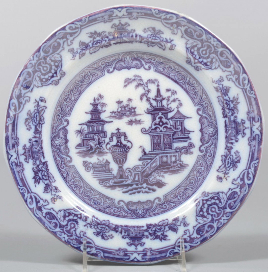 Asian Temple Ironstone Plate, 12 sided rim, purple: Asian Temple Ironstone Plate, 12 sided rim, purple transfer. Marked: " The Temple, Pearl Stone Ware, P W & Co." 9 3/4" dia. Condition: Good