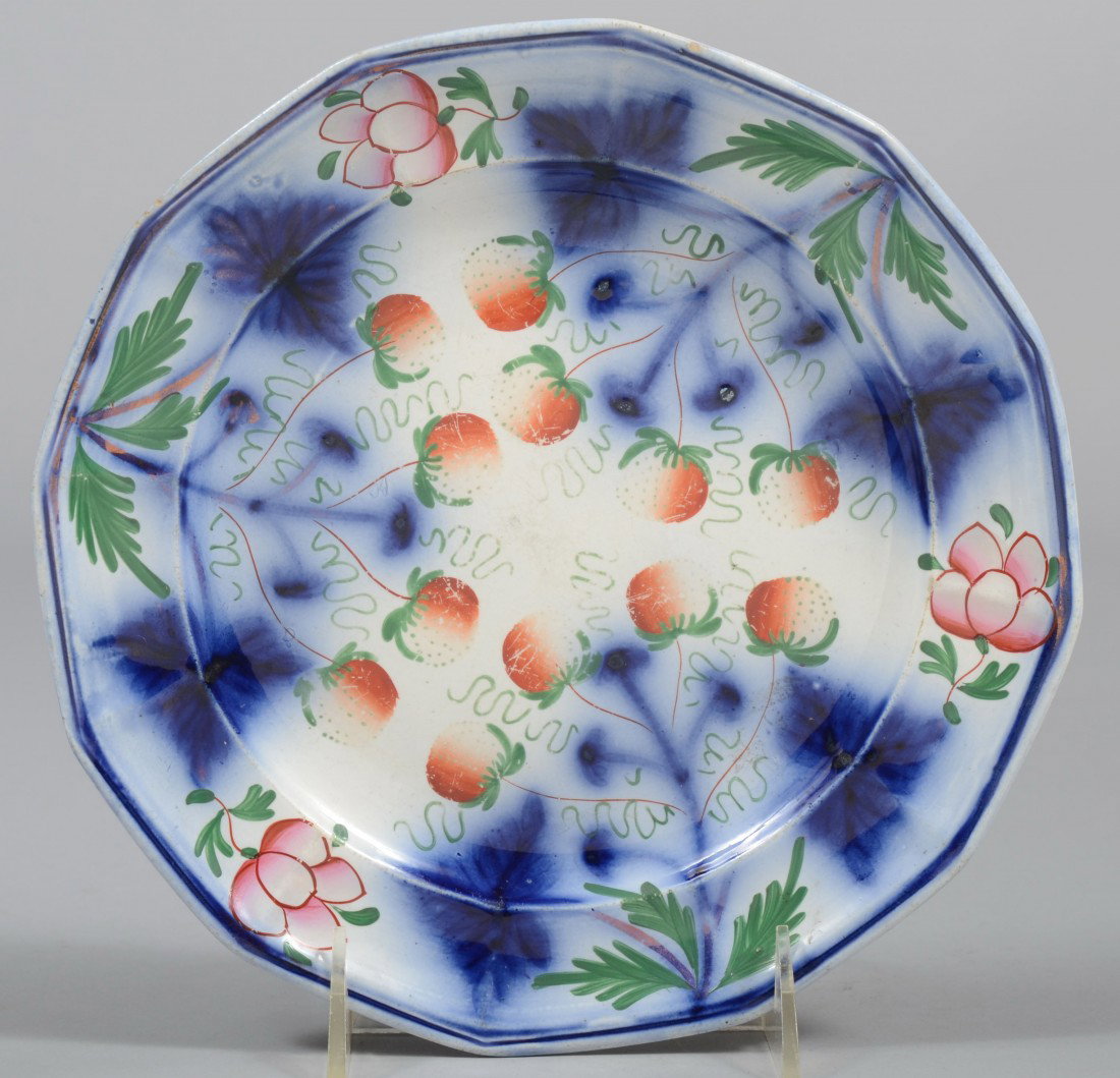 Gaudy Strawberry Ironstone Plate, 12 sided rim, bl: Gaudy Strawberry Ironstone Plate, 12 sided rim, blue flora under glaze with strawberries, green leaves and pink flowers over glaze. Marked, "T. Walker" 8 1/2" dia. Condition: Good