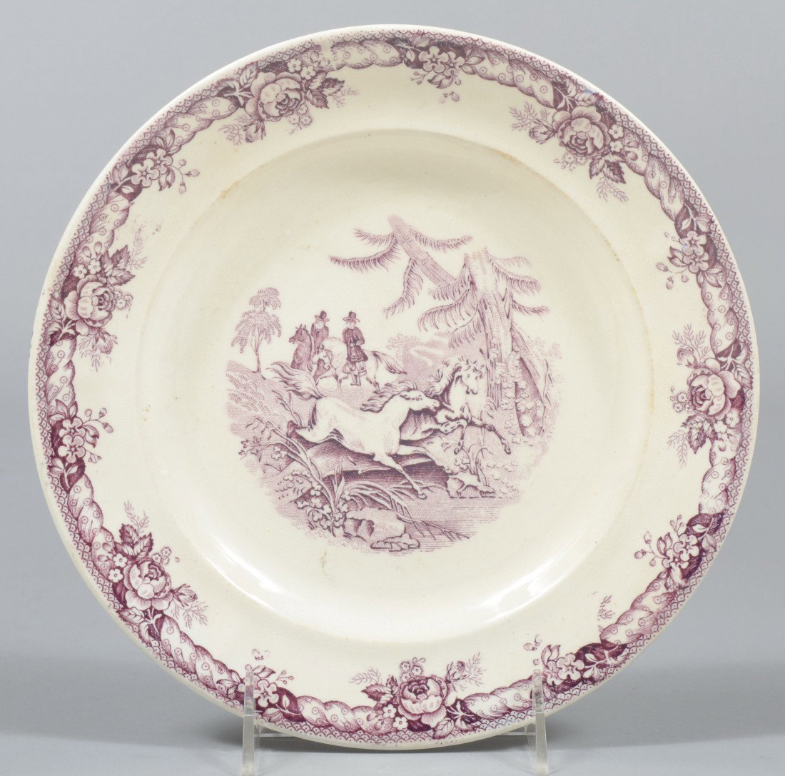 Horse Chase Scene with Floral Border Ironstone Pla: Horse Chase Scene with Floral Border Ironstone Plate, mauve transfer. No back mark. 9 1/4" dia. Condition: Good