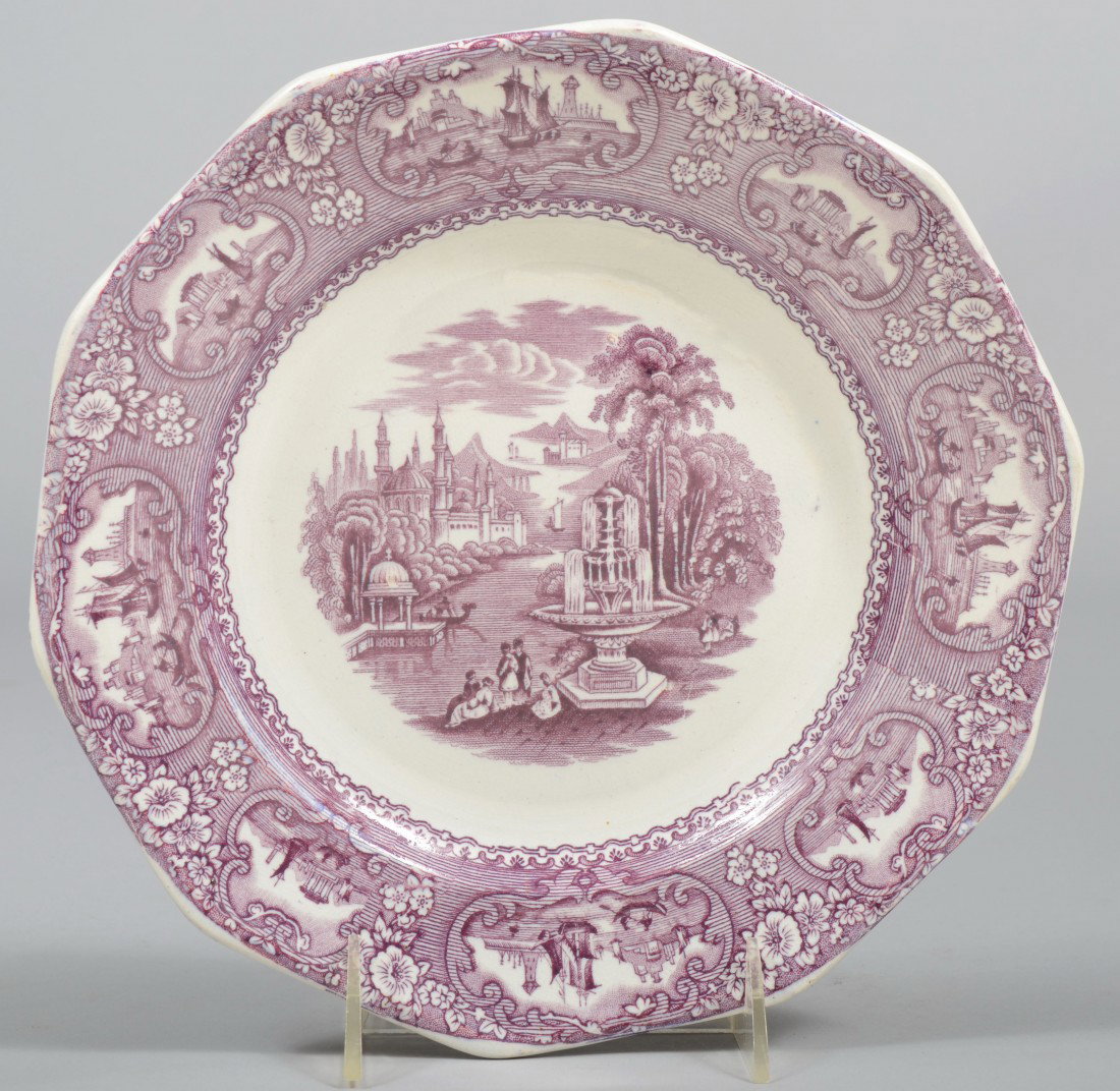 Mauve Transfer Ironstone Plate, castle with canal : Mauve Transfer Ironstone Plate, castle with canal and water fountain, harbor scene vignette rim, 10 sided rim. Unmarked. 9 1/4" dia. Condition: Good