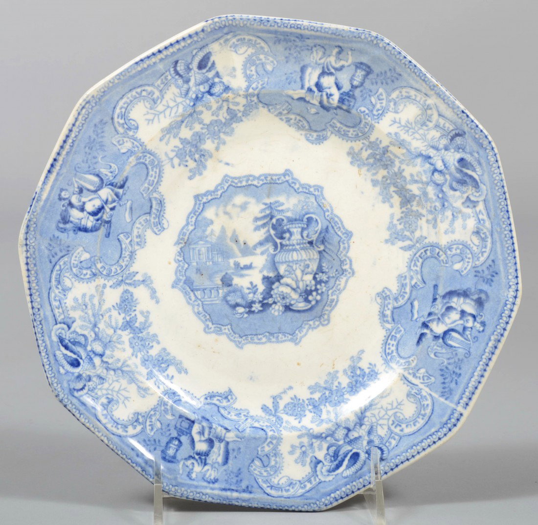 Blue Transfer Dish, Grecian urn with seashells and: Blue Transfer Dish, Grecian urn with seashells and maids on border with 10 sided rim. Marked: "Mycene, H. N. & A." (Hulse, Nixon & Adderly) 8 1/4" dia. Condition: Good