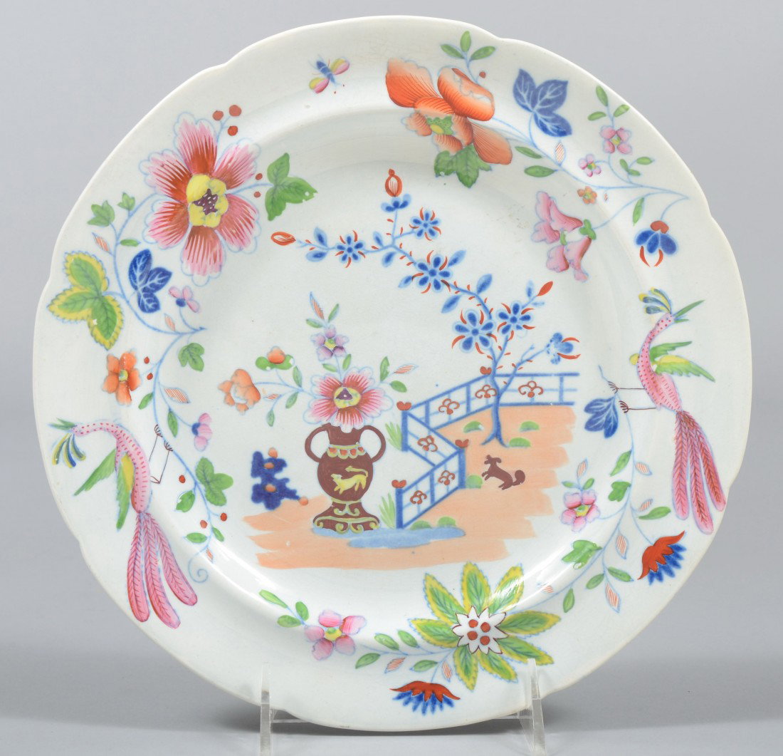English Gaudy Ironstone Plate, Chinoiserie polychr: English Gaudy Ironstone Plate, Chinoiserie polychrome decoration, scalloped rim. Unmarked. 9 3/4"dia. Condition: Good