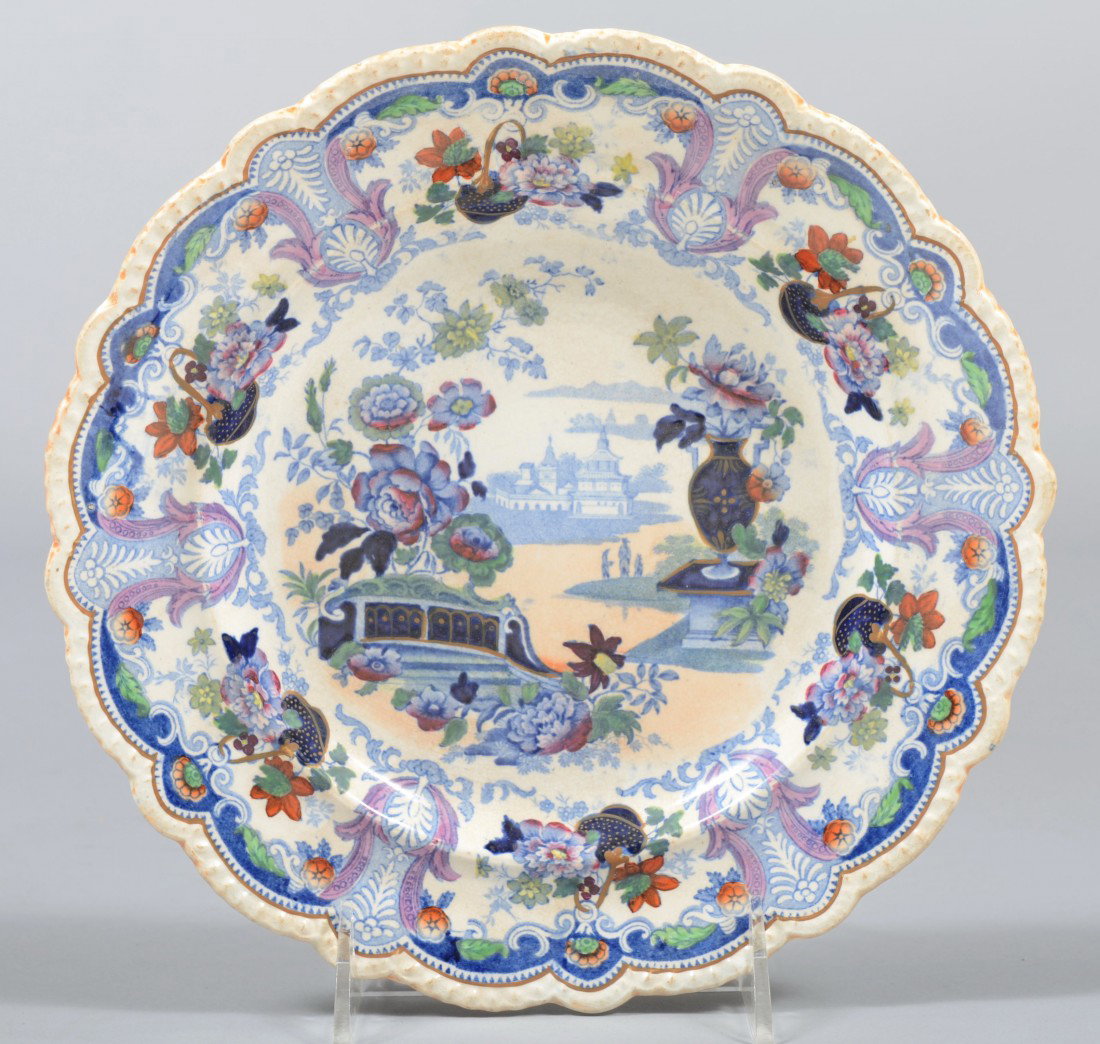 Blue Transfer with Polychrome Floral Decoration Pl: Blue Transfer with Polychrome Floral Decoration Plate, gold accents, scalloped and beaded rim. Marked: "Chinese Landscapes, H. M. J." 9" dia. Condition: Good