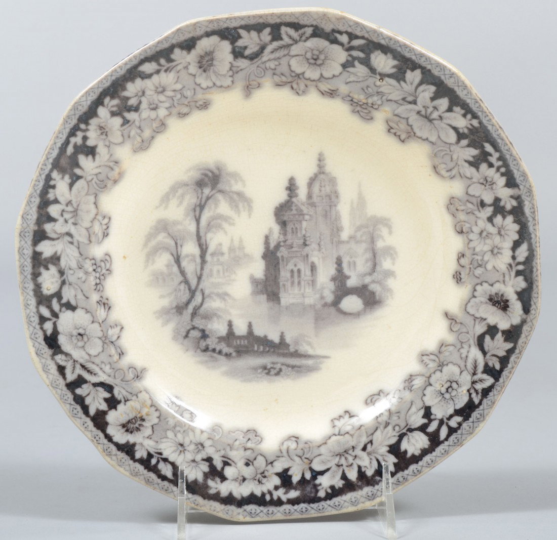 Black Transfer Ironstone Plate, gothic temple on w: Black Transfer Ironstone Plate, gothic temple on water, wild roses border with 12 sided rim. Marked: "Leipsec, J. Clementson" 9" dia. Condition: Good