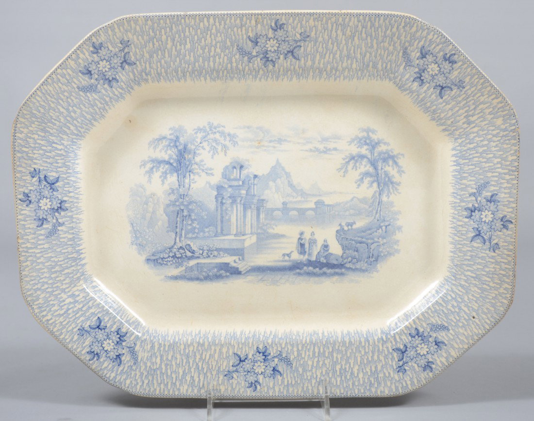 Blue Transfer Octagonal Ironstone Serving Platter,: Blue Transfer Octagonal Ironstone Serving Platter, Roman ruins scene with people and dogs, floral sprays on border. Marked: "Corinth, James Edwards" 15 1/2"l. X 12"w. Condition: Good