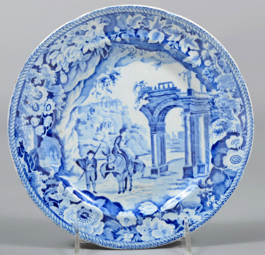 Blue Staffordshire Plate, temple ruins with man, d: Blue Staffordshire Plate, temple ruins with man, donkey with rider, wild rose border. Marked: "Clews, Stone China, Warranted" 8" dia. Condition: Good
