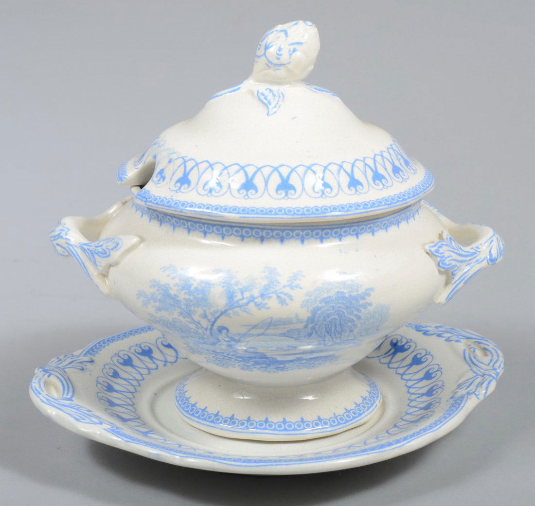 Blue Transfer Covered Tureen with Handled Tray, fi: Blue Transfer Covered Tureen with Handled Tray, fishing scene with Greek border, applied handles on pedestal footed bowl, notched lid with knob finial. Marked: "Fishers, C. E. & M." 5 1/2"h. Condition