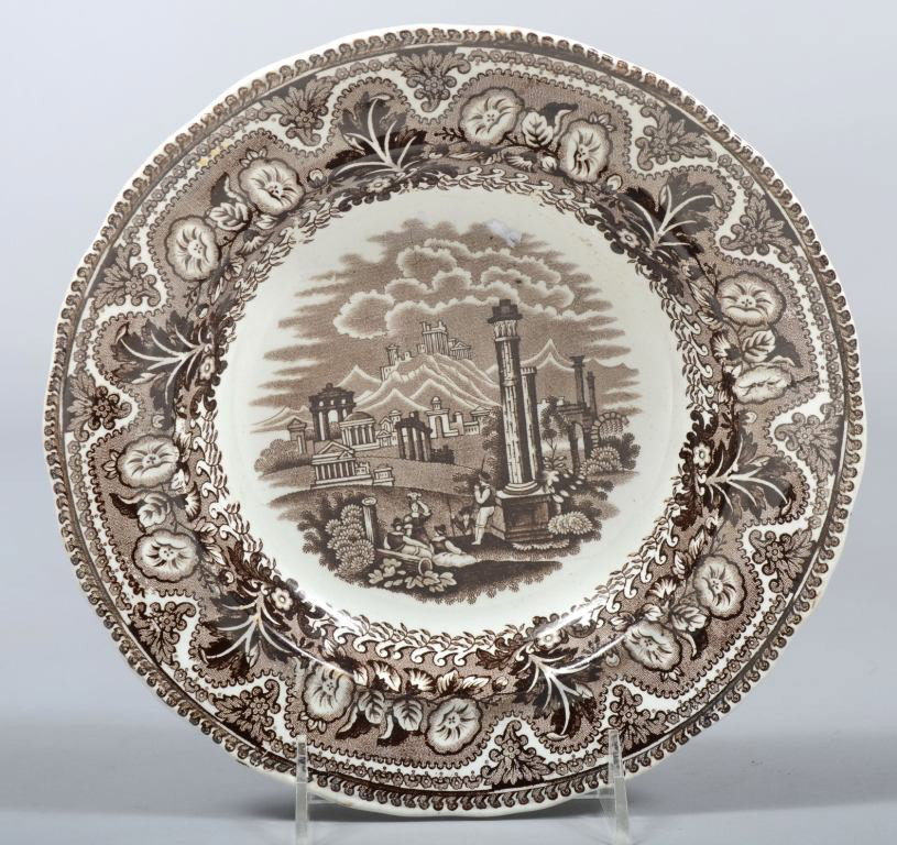 Brown Transfer Soup Plate, Greek ruins on mount wi: Brown Transfer Soup Plate, Greek ruins on mount with floral border and scalloped rim. Marked: "Acropolis, T. B. & Co. (Thomas Booth) 9 1/4"dia. Condition: Good