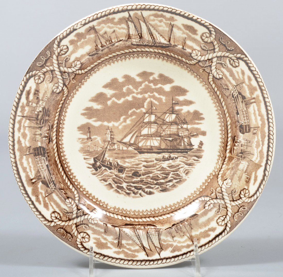Brown Transfer Soup Plate, nautical theme, ship an: Brown Transfer Soup Plate, nautical theme, ship and lighthouse with ships and rope border. Marked: American Marine, G.L.A. & Bros., impressed U.S., Ashworth" 9"dia. Condition: Good