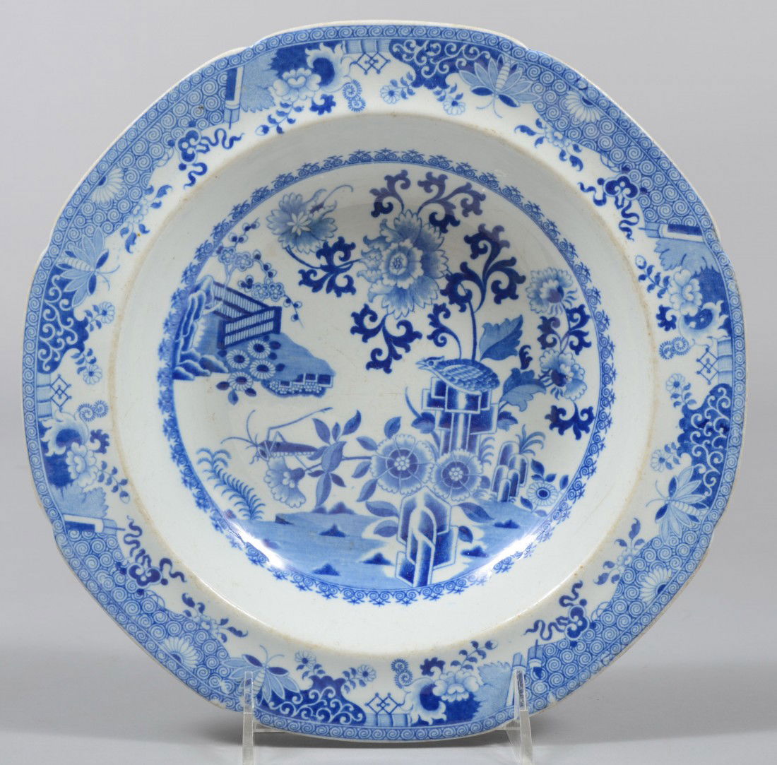Blue Spode Soup Plate, chinoisere design with part: Blue Spode Soup Plate, chinoisere design with partridge and grasshopper, floral and insect border. Marked: "Spode, Stone China" 9 3/4"dia. Condition: Good