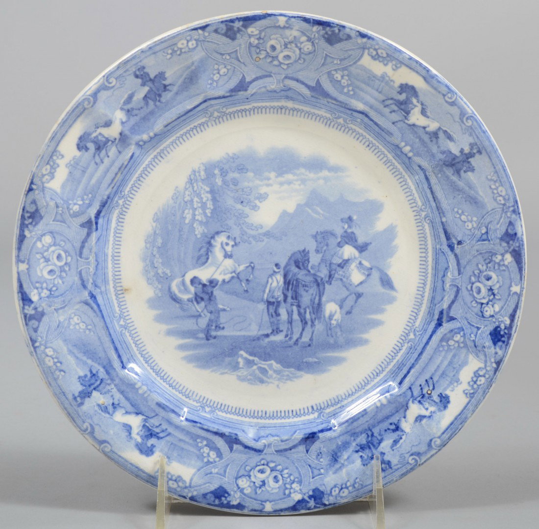 Blue Ironstone Transfer Plate, horsemen in the mou: Blue Ironstone Transfer Plate, horsemen in the mountains with horse and floral vignettes around border. Marked: "Shaw's, Peruvian Horse Hunt" 8 1/2"dia. Condition: Good