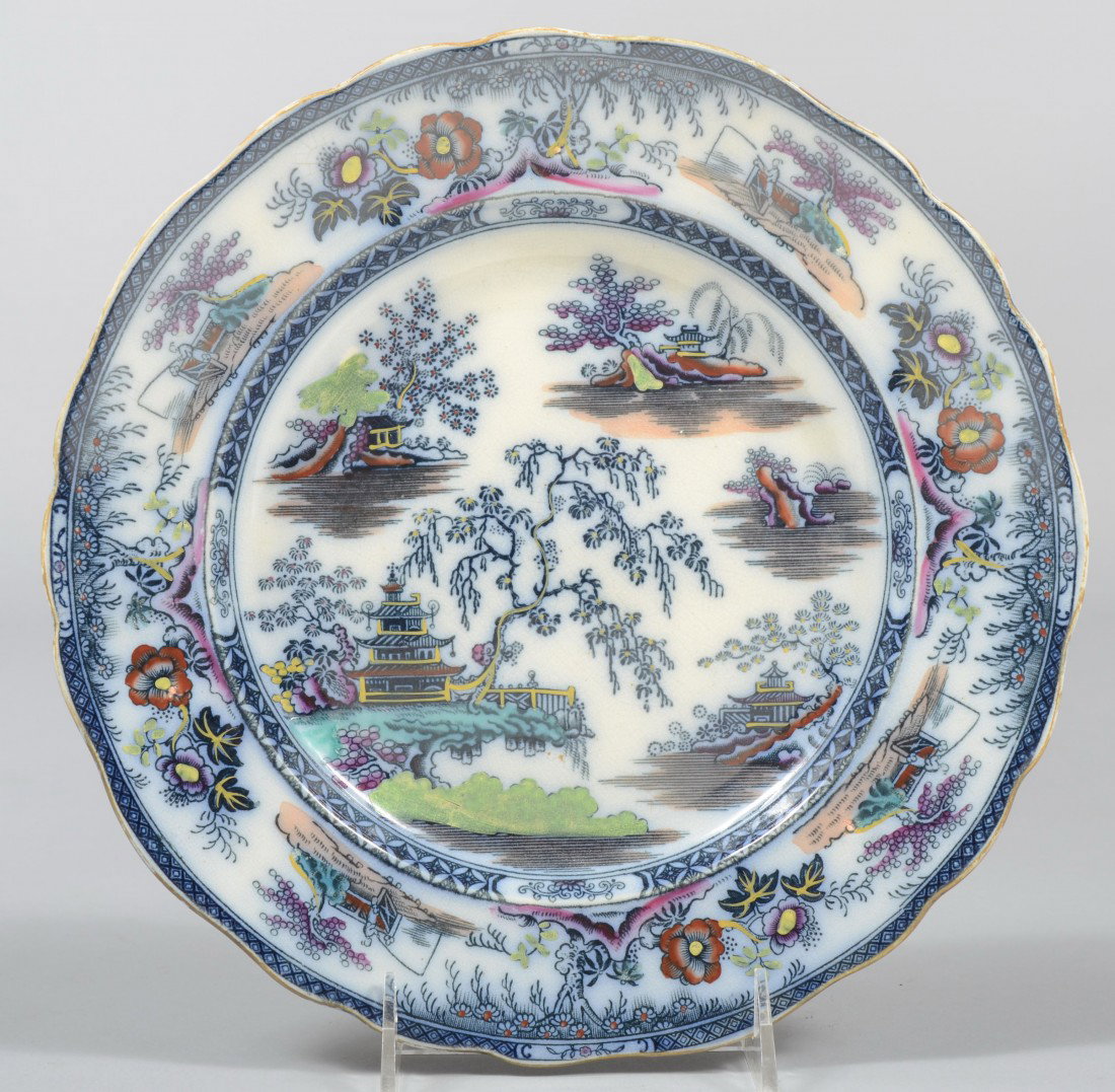 Polychrome Chinoiserie Design Ironstone Plate, rip: Polychrome Chinoiserie Design Ironstone Plate, rippled rim with gold accent. Marked: "Kirkee, J. Meir & Son" 10 1/4"dia. Condition: Good
