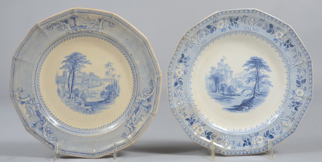 Two Blue Transfer Ironstone Plates, 12 sided rim,: Two Blue Transfer Ironstone Plates, 12 sided rim, floral border, castle center. Marked: "Baronial Castles, J. Ridgway & Compy, Lambton Castle". 9 1/4"dia. Condition: Both Good