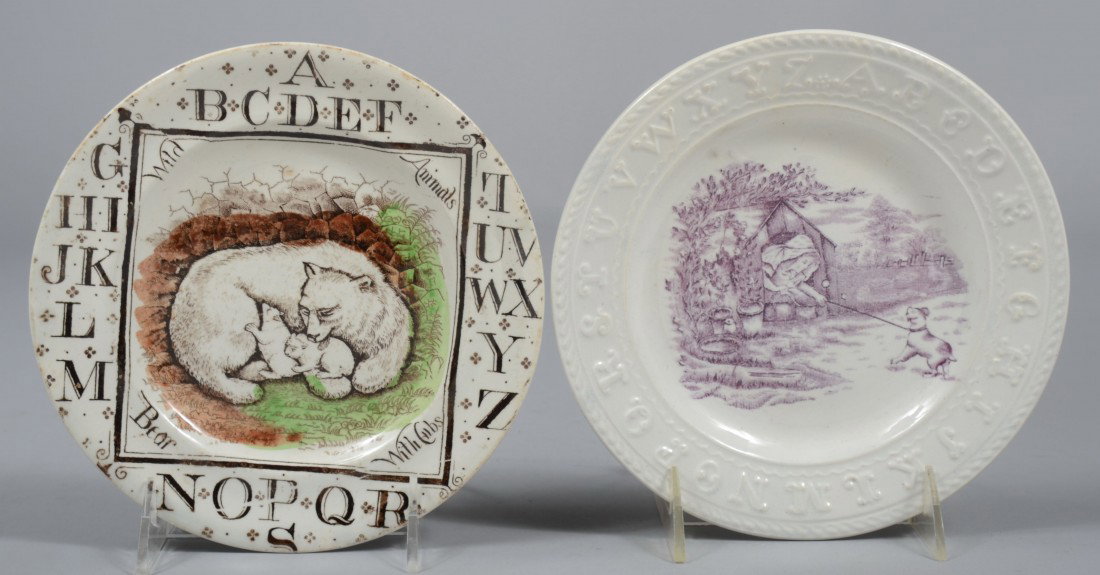 Two Small Alphabet Plates, one has polar bear with: Two Small Alphabet Plates, one has polar bear with cubs at cave in green and brown, printed alphabet transfer border. Marked: "B. P. Co. "(Brown hill Pottery, 09/29/1882) 7 1/4"dia. Along with, mauve 