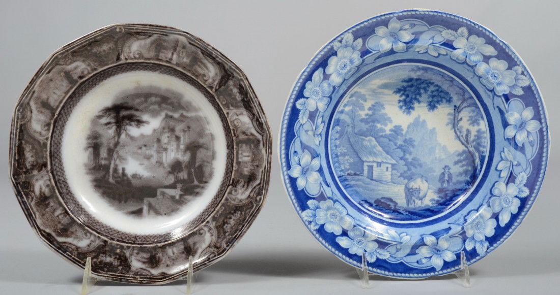 Two Staffordshire Soup Plates, flow black transfer: Two Staffordshire Soup Plates, flow black transfer of palace on water. Marked: Tavoy, T. Walker. 9 1/2"dia. Along with blue pastoral transfer with wild rose border and scalloped rim. Unmarked. 9 3/4"d