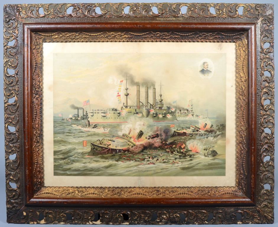 Large Color Lithograph titled: "Destruction of Adm: Large Color Lithograph titled: "Destruction of Admiral Cervera's Fleet at Santiago De Cuba, July 3, 1898." In original pierced and gold painted plaster molded wood frame. Appears to have not ever been