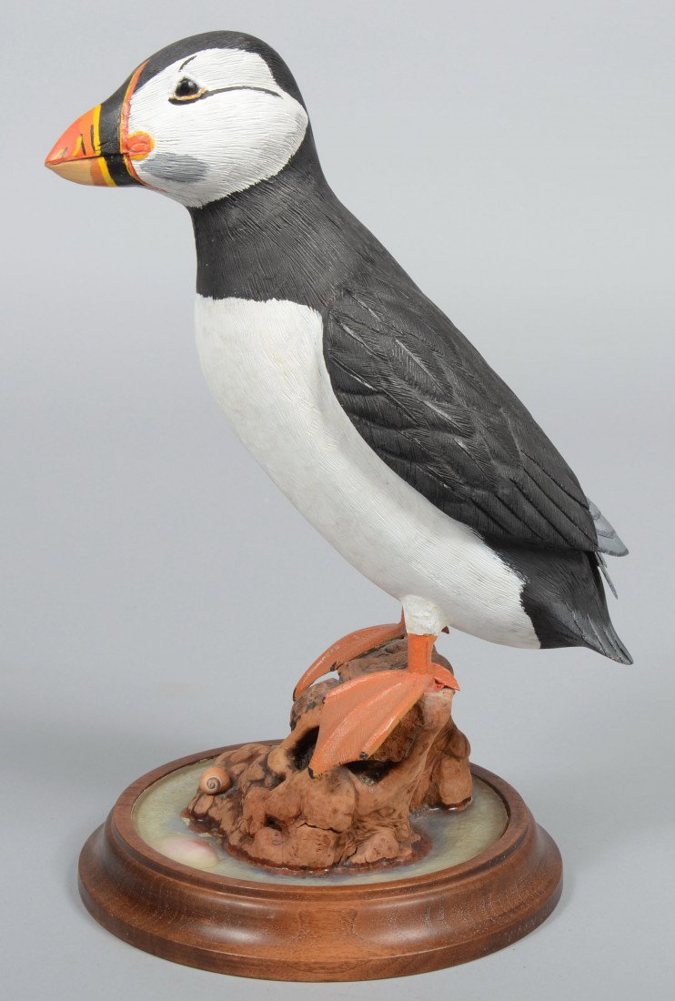 Robert D. Staller signed Realistic Wood Carved and: Robert D. Staller signed Realistic Wood Carved and Painted Atlantic Puffin standing on a driftwood burl and circular molded wood base. 13" h. o/a. Condition: Good.