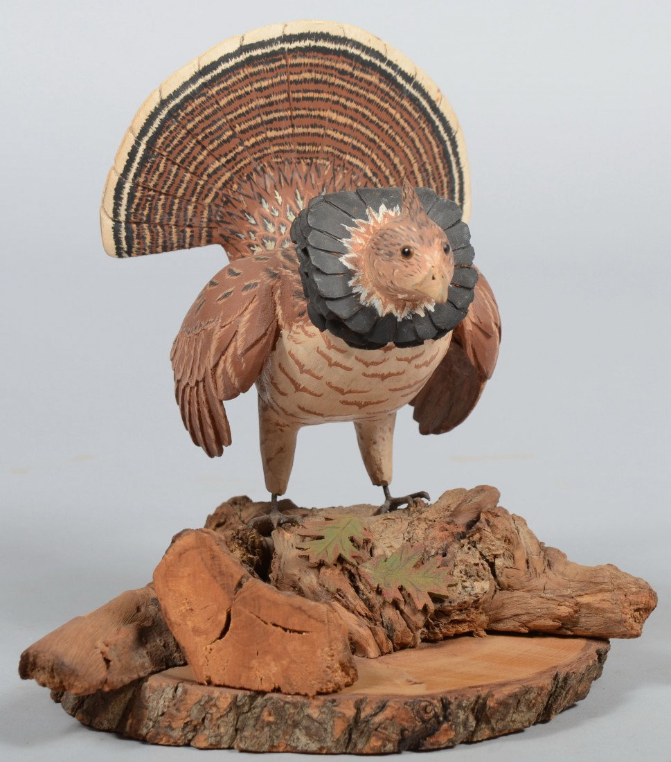 Earl Wagner signed, Realistic Carved and Painted M: Earl Wagner signed, Realistic Carved and Painted Miniature Ruffed Grouse. Carving mounted on a log section with other woodland pieces. Wood burned inscription on bottom reads: "Ruffed Grouse by Earl W