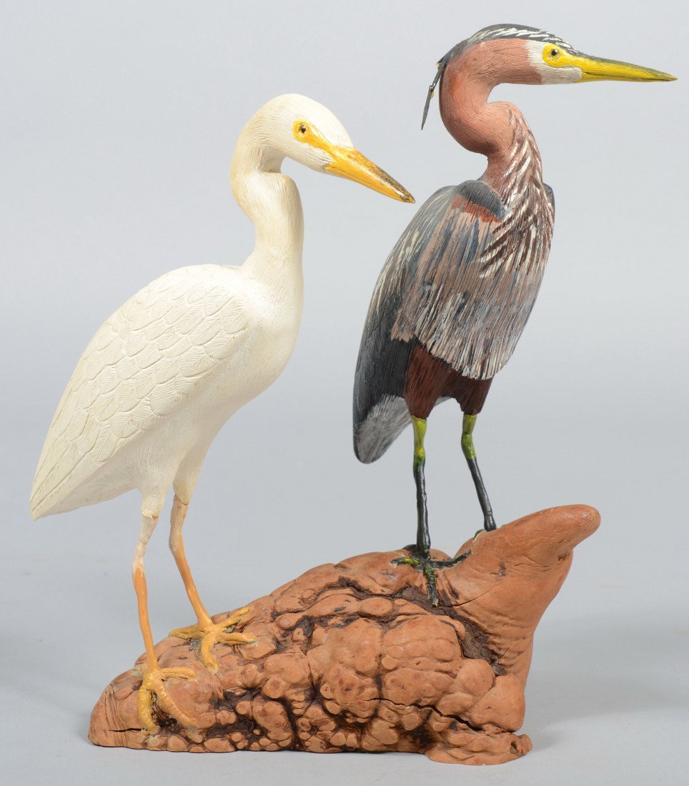 R. D. Staller signed, Twin Mounted Carved and Pain: R. D. Staller signed, Twin Mounted Carved and Painted Large Wading Shorebirds. A Snowy Egret and a Great Blue Heron on a piece of burled driftwood; wood burned on the bottom: "R. D. Staller, '84" Carv