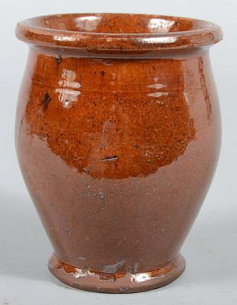Ovoid Redware Apple Butter Crock. Exaggerated rim