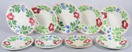 Ten Mixed Pieces of Adams Rose Ironstone, two plat: Ten Mixed Pieces of Adams Rose Ironstone, two plates: 9 1/2"d.; three soup plates: 9"d.; two plates: 8"d.; three small plates: 7"d. All have black coat of arms and "England". Condition: one large plat