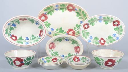 Thirteen Mixed Pieces Adams Rose Ironstone, oval p: Thirteen Mixed Pieces Adams Rose Ironstone, oval platter: 12"l.; oval platter: 10"l.; deep oval bowl: 9 3/4"l.; oval bowl: 8"l.; two round bowls: 6 1/4"d.; seven side bowls: 4 3/4"d. Most with black c