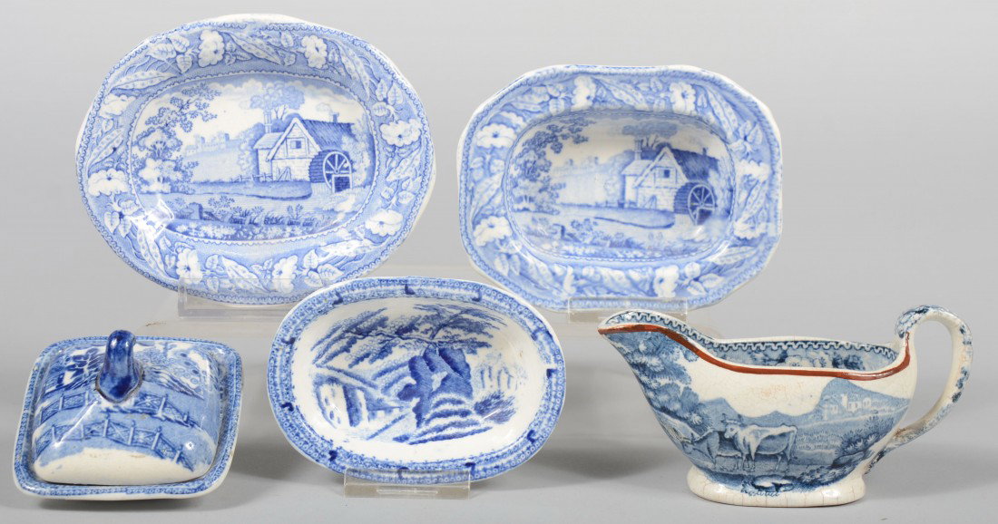 Five Blue Staffordshire Child's Dishes, Oval platt: Five Blue Staffordshire Child's Dishes, Oval platter: 4 5/8"l. , marked: "By sham/Monastery" on bottom; Oblong vegetable: 4 1/4"l., marked: "Abbey/Gill" on bottom; Oblong vegetable: 3 3/4"l. in Willow