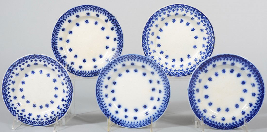 Five Flow Blue Transfer Ironstone China Snowflake: Five Flow Blue Transfer Ironstone China Snowflake Pattern Plates. 6 5/8" diam. Condition: good.