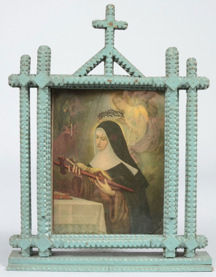 Turquoise Painted Standup Tramp Art Picture Frame.: Turquoise Painted Standup Tramp Art Picture Frame. Three layer vertical supports and horizontal framing with corner blocks and two step base, surrmounted by a buttressed Cross. Framed image of a nun w