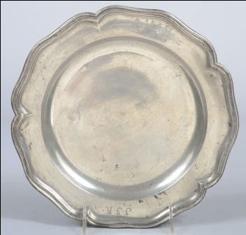 18th cen. German Scalloped-edge Pewter Dish, marke: 18th cen. German Scalloped-edge Pewter Dish, marked verso: "Johann Adrian Klingling, Frankfurt", c. 1740. Initials on rim with date, 1794. 9 1/2"dia. Condition: Good.
