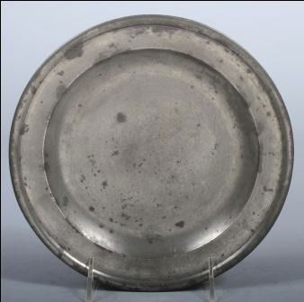 18th cen. English Single-reeded Pewter Plate, mark: 18th cen. English Single-reeded Pewter Plate, marked: Samuel Ellis, London, verso. 8 1/2"dia. Condition: Good.