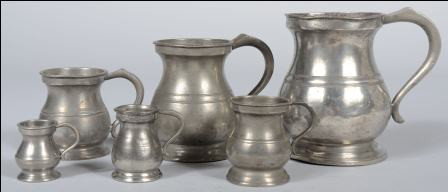 Six Piece Set of 19th cen. Bulbous English Pewter : Six Piece Set of 19th cen. Bulbous English Pewter Handled Measures. Sized from Quart down to 1/4 Gill. Three marked for James Yates, Birmingham, other three attributed to him. All bear inspectors mark
