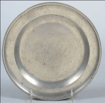 18th cen. English Single-reeded Pewter Plate. Mark: 18th cen. English Single-reeded Pewter Plate. Marked for Robert Bush & Co., Bristol. c. 1793. 8 3/4"dia. Condition: Good.