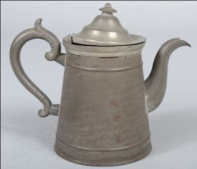 Unusual 19th cen. Tinned Iron and Pewter Coffee Po: Unusual 19th cen. Tinned Iron and Pewter Coffee Pot. Stamped on bottom: "Dunham" for Rufus Dunham of Westbrook, ME., c. 1850. 7"h. Condition: hinge resoldered on lid.