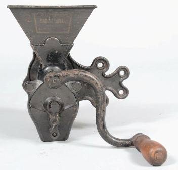 Black Painted Cast Iron Flange Mounted Coffee Mil: Black Painted Cast Iron Flange Mounted Coffee Mill. Labeled: "J. & C. Parker's, UNION MILL, pat. dated." 11"h. X 7 1/2"w. Condition: Good.