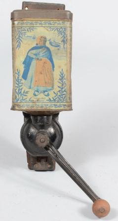 Wall Mount Black Painted Cast Iron Coffee Mill wi: Wall Mount Black Painted Cast Iron Coffee Mill with Attached Advertising Canister. Can features a Dutch girl titled: "Holland Beauty" and "Made in Cleveland, O. by The Bronson - Walton Co." Device is 