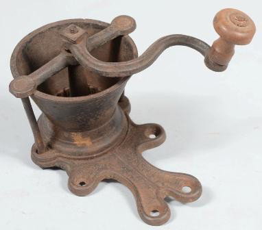 Painted Cast Iron Flange Mounted Coffee Grinder. : Painted Cast Iron Flange Mounted Coffee Grinder. Unmarked. Open conical hopper with wood knobbed crank. 6 1/2"h. Condition: Good.