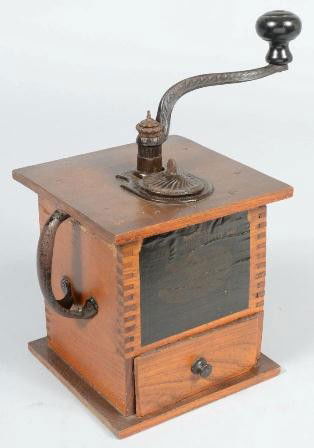 Tall Finger Joined Wood Box Cast Iron Mounted Cof: Tall Finger Joined Wood Box Cast Iron Mounted Coffee Grinder. Labeled: "ARCADE, No. 9022 Imperial Coffee Mill, Arcade Mfg. Co., Freeport, Illinois." Includes original receiver drawer and side mounted