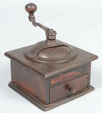 Finger Joined Wood Box Coffee Mill with Cast Iron: Finger Joined Wood Box Coffee Mill with Cast Iron Hardware. Label eroded. Includes original receiver drawer and wood knobbed crank. 7 1/4"h. X 6 1/4" X 6 1/4" Condition: Good, with use wear.